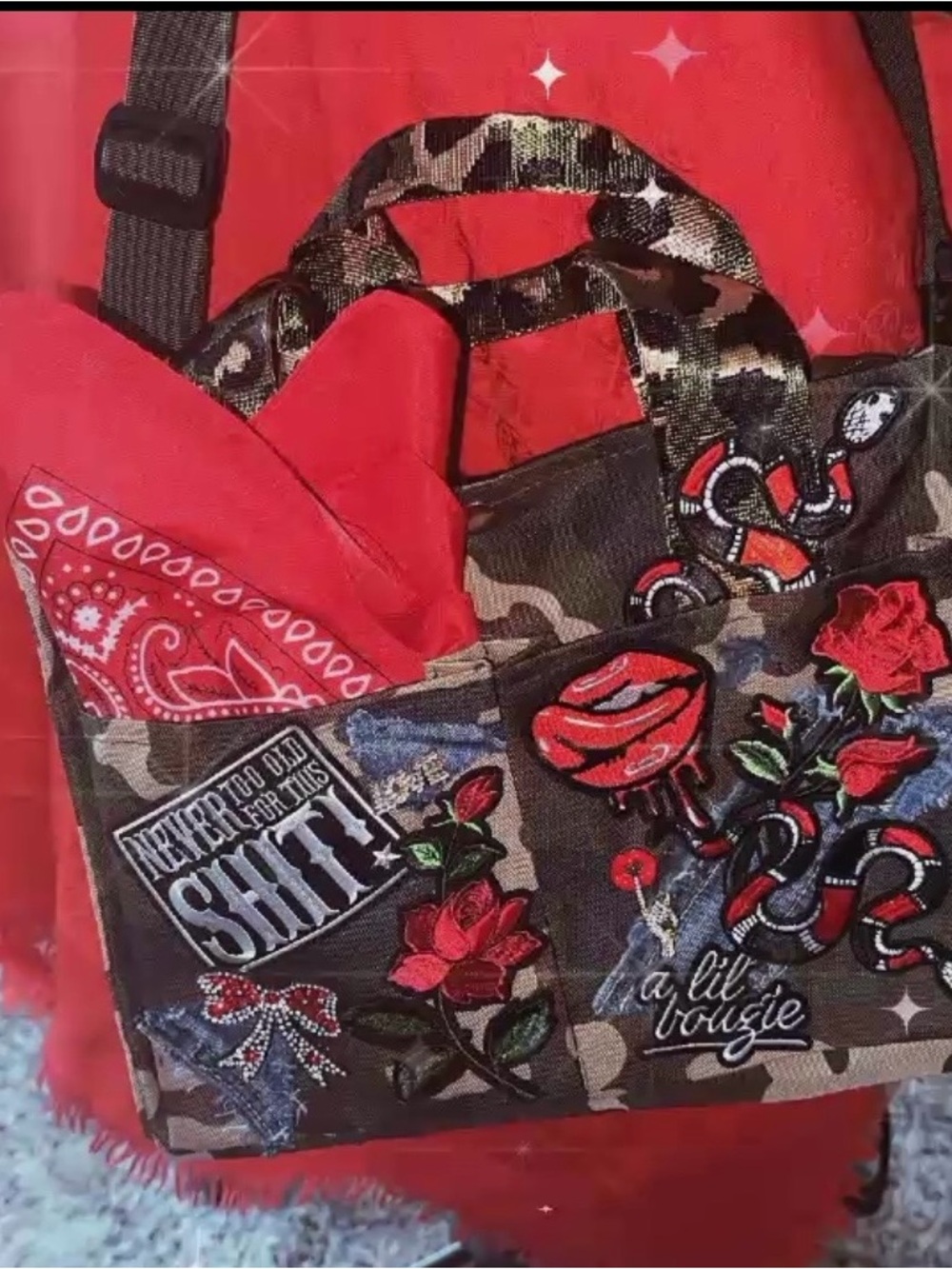 Camouflage Tote with Red Rose Embroidery